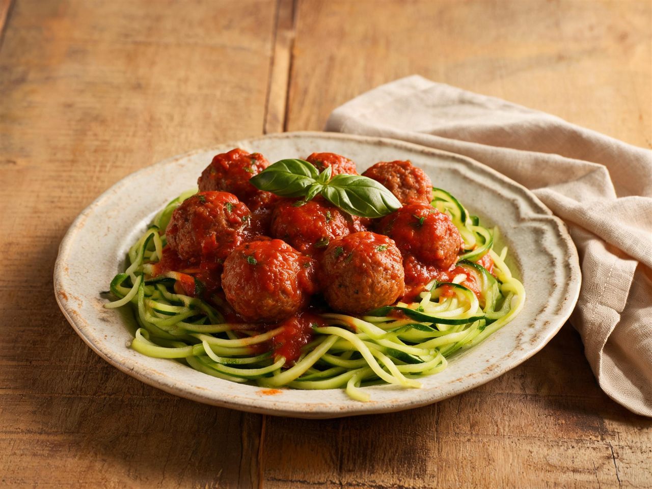 Rundergehaktballetjes in tomatensaus met courgettepasta