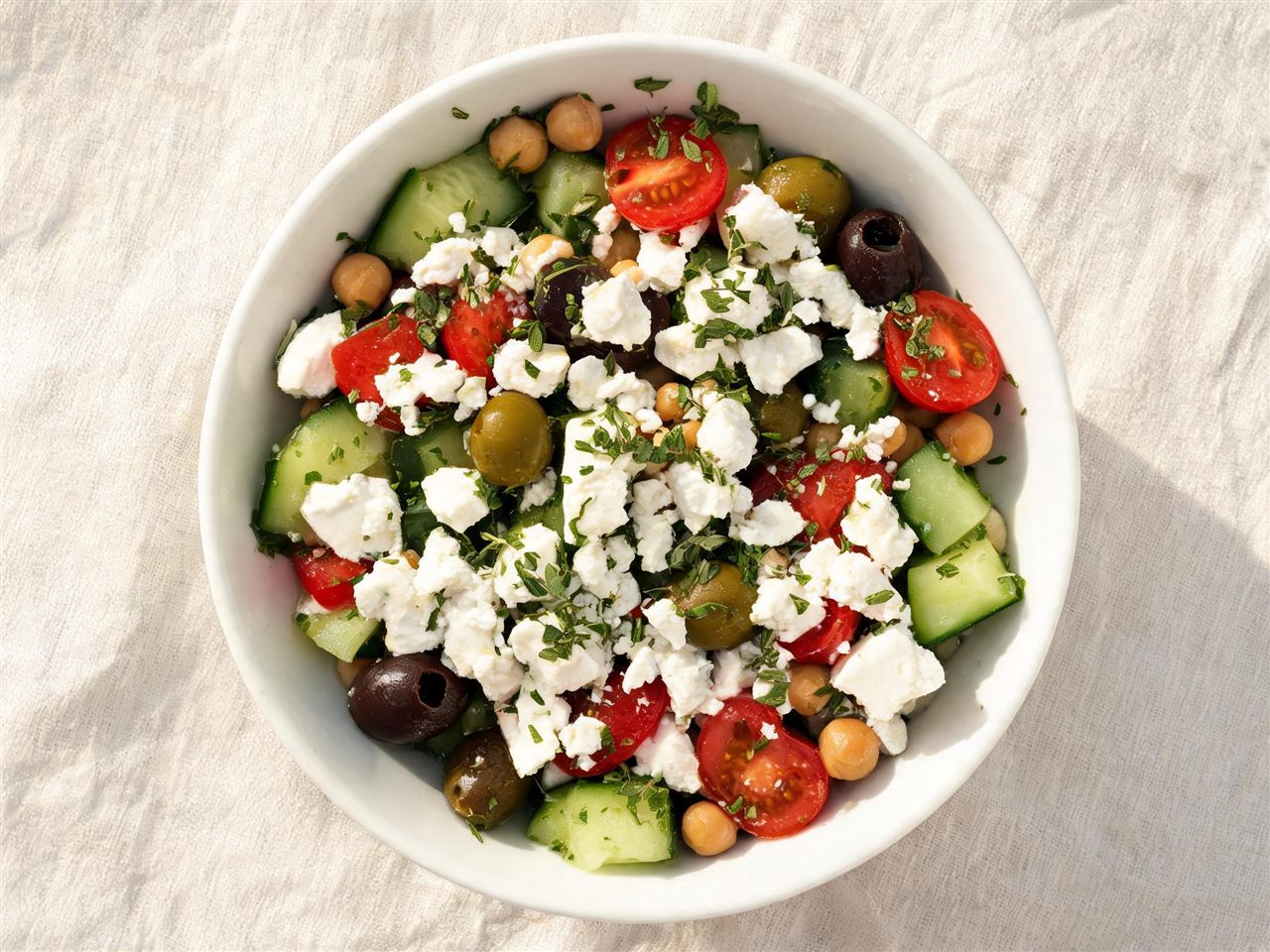 Griekse salade met kikkererwten en feta