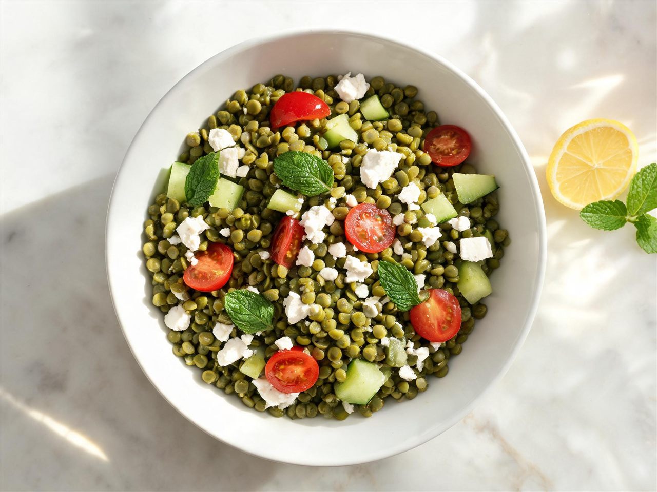 Linzensalade met feta, tomaat en komkommer