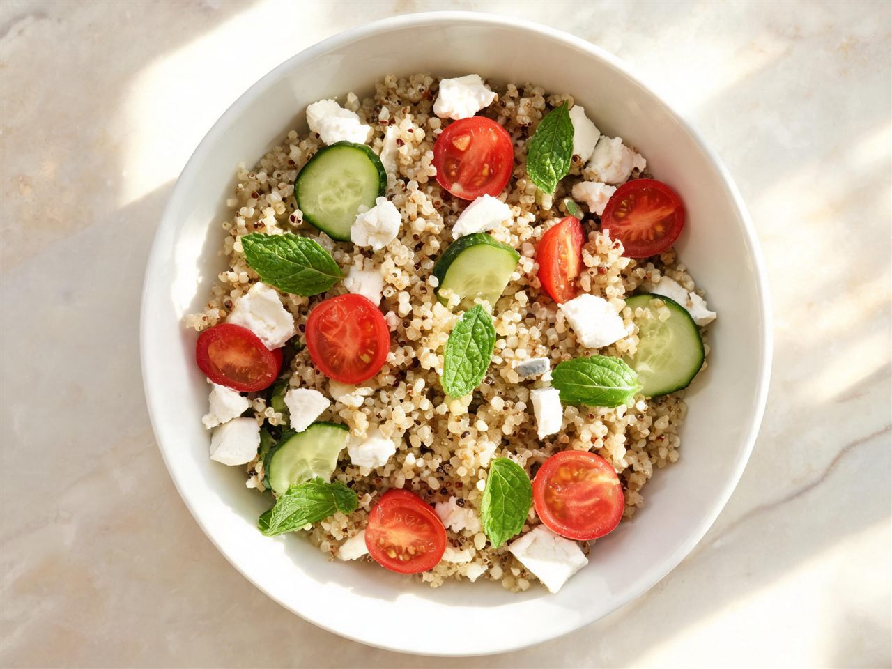 Quinoasalade met feta, komkommer en munt