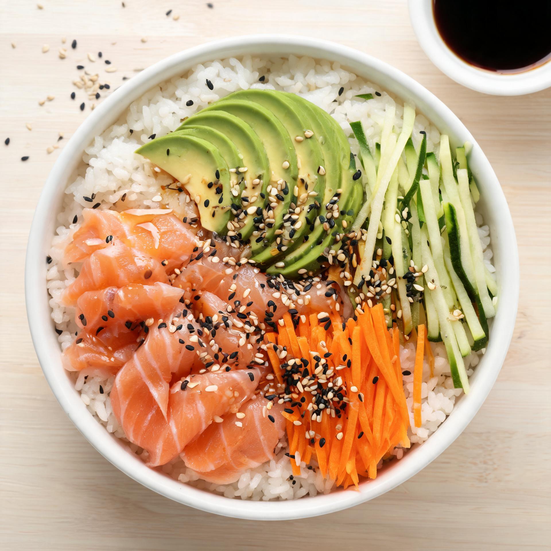 Sushi bowl met zalm, avocado en rijst