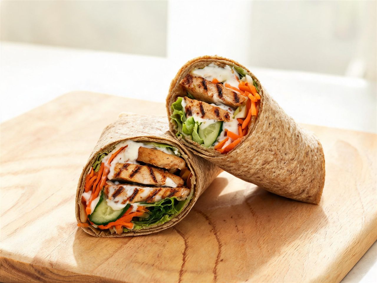 Volkorenwrap met kip en crunchy groente