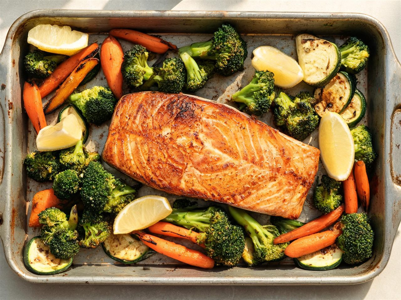 Gestoofde zalm met geroosterde groenten